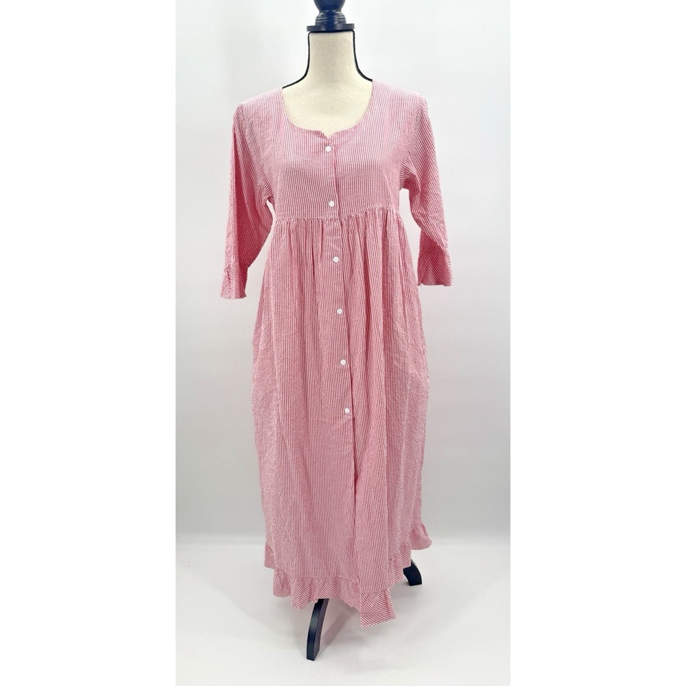 Cuddledown Kera Seersucker Robe Dress Medium Stripe Snap Empire Ruffle Cottage